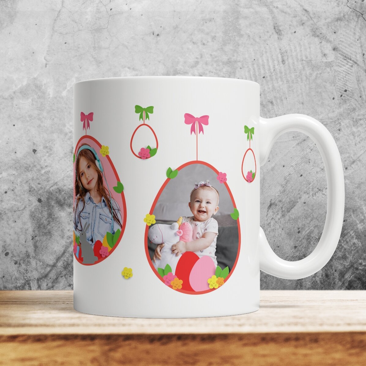 Personalisierte Tasse mit 2 Fotos und Text – Frohe Ostern