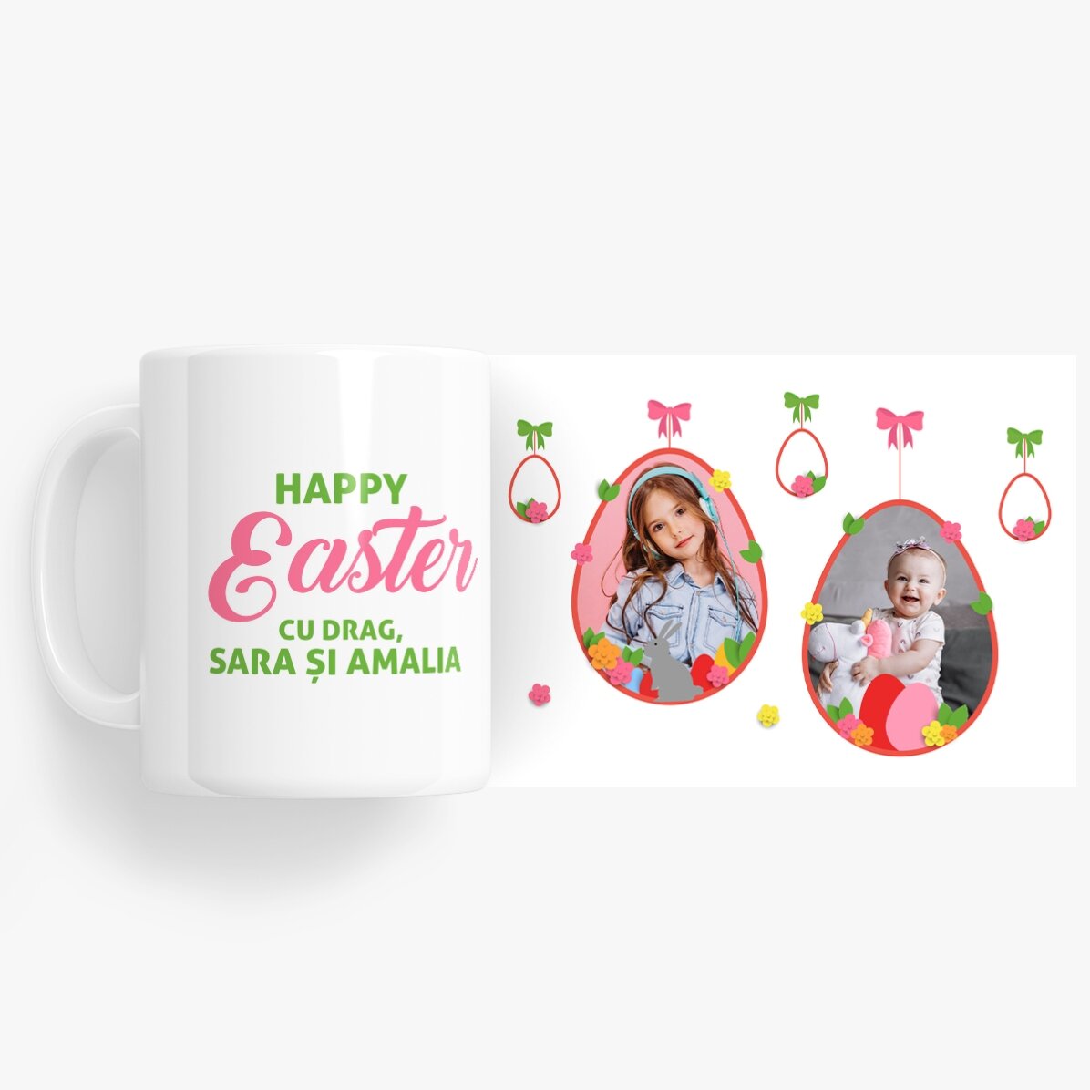Personalisierte Tasse mit 2 Fotos und Text – Frohe Ostern