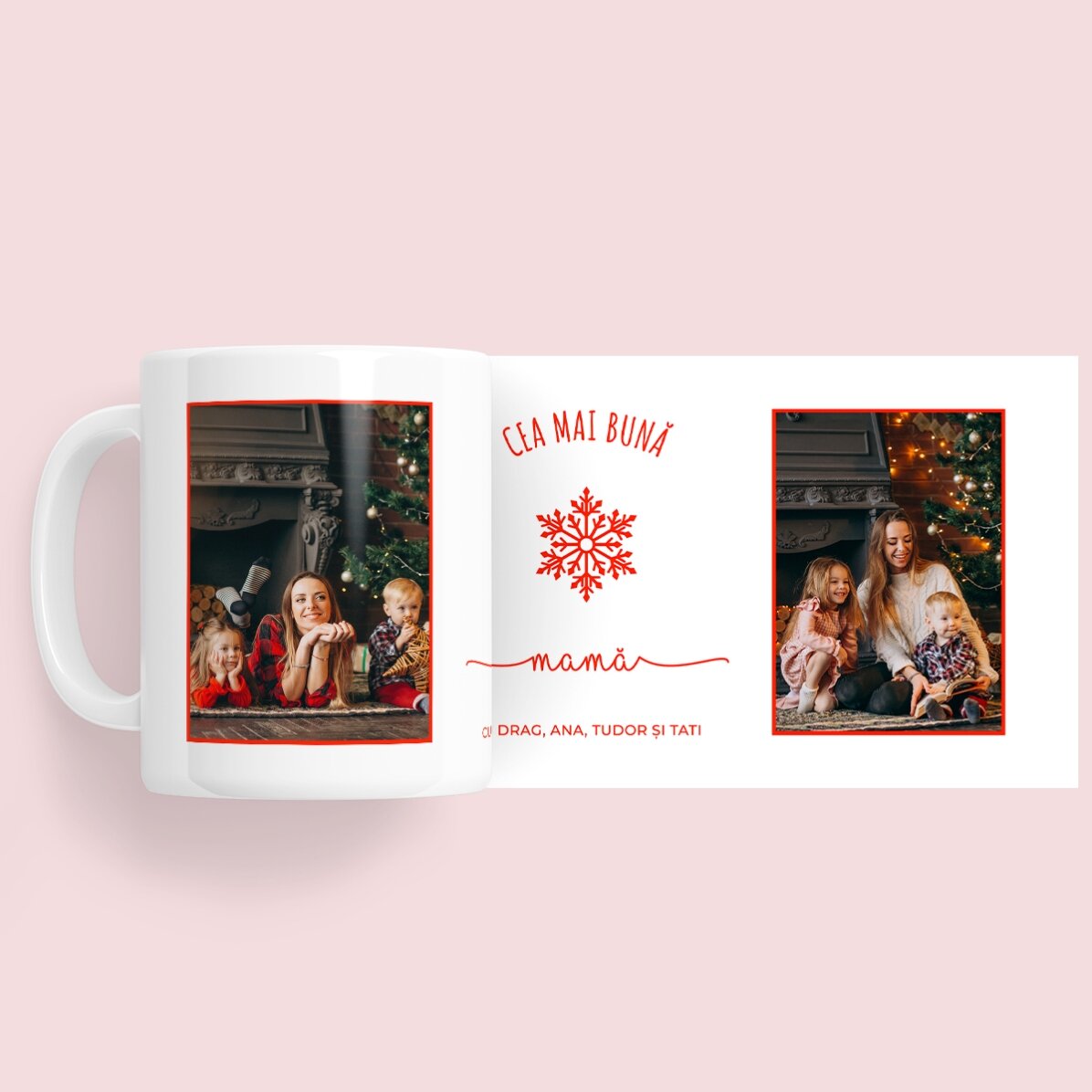Personalisierte Tasse mit 2 Fotos und Text – Snowflake