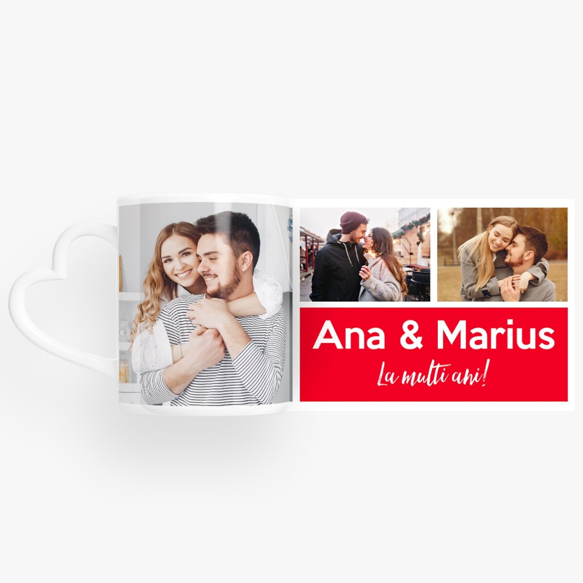 Personalisierte Tasse mit 3 Fotos und Text – Modell mit herzförmigem Henkel