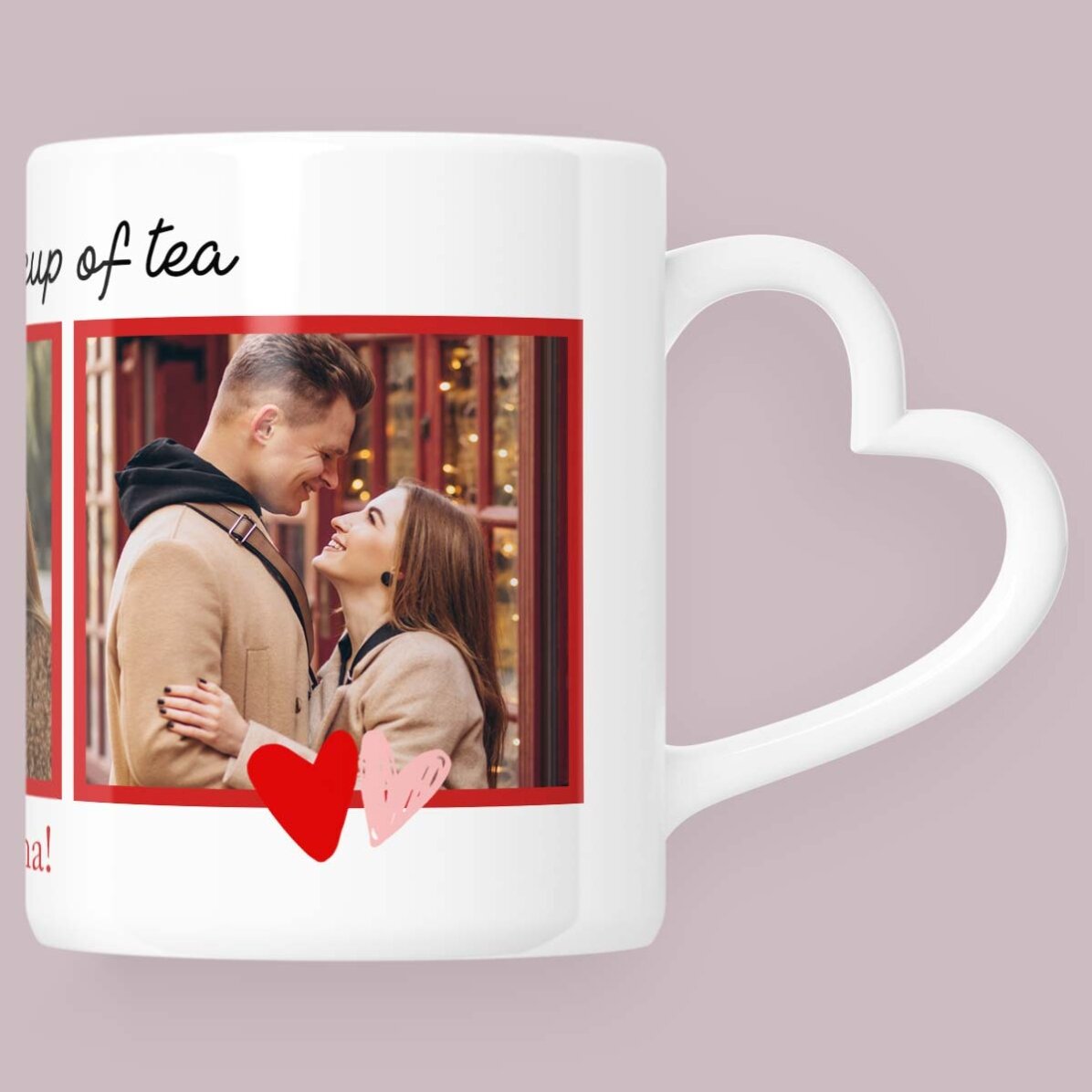 Personalisierte Tasse mit 3 Fotos und Text – „My favorite“ – Modell mit herzförmigem Henkel
