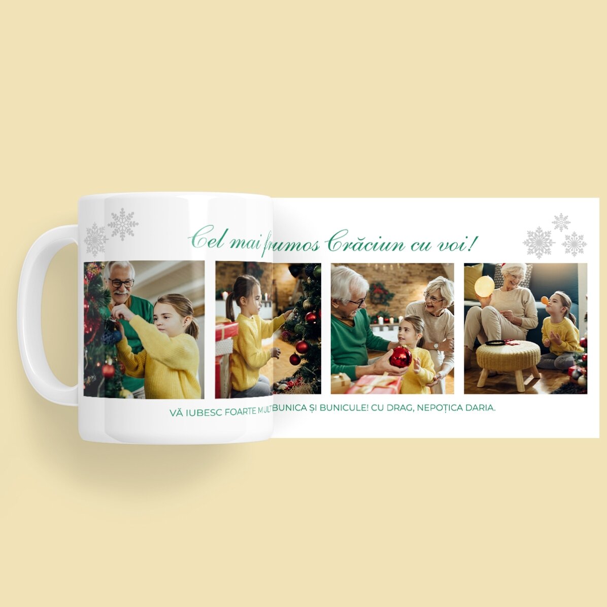 Personalisierte Tasse mit 4 Fotos und einer Weihnachtsbotschaft für die Großeltern