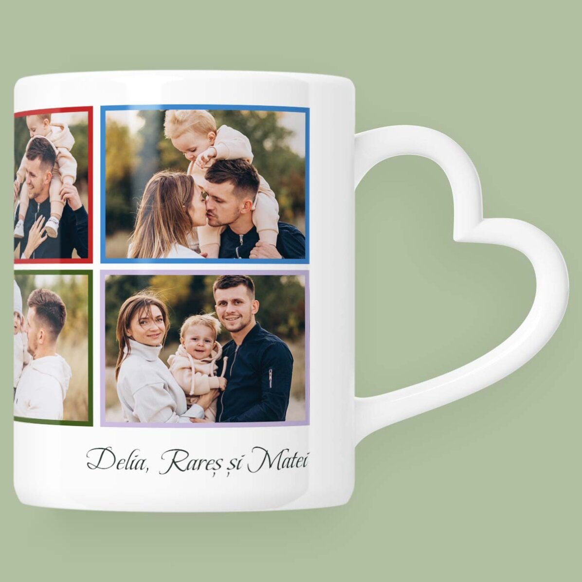 Personalisierte Tasse mit 8 Fotos und Text – Modell mit herzförmigem Henkel
