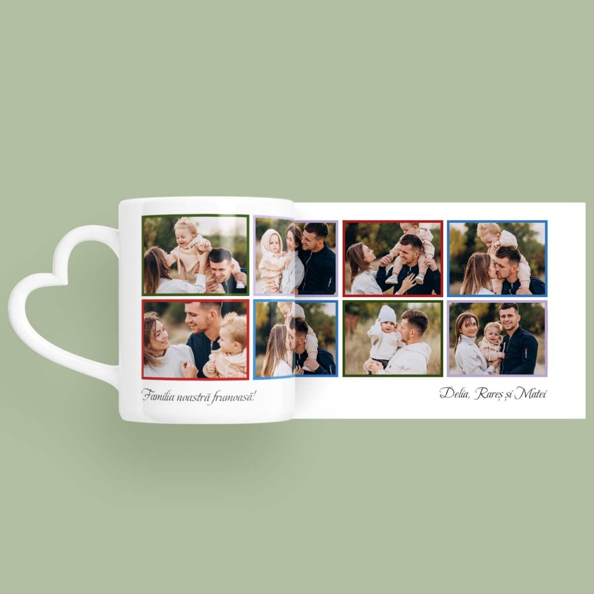 Personalisierte Tasse mit 8 Fotos und Text – Modell mit herzförmigem Henkel