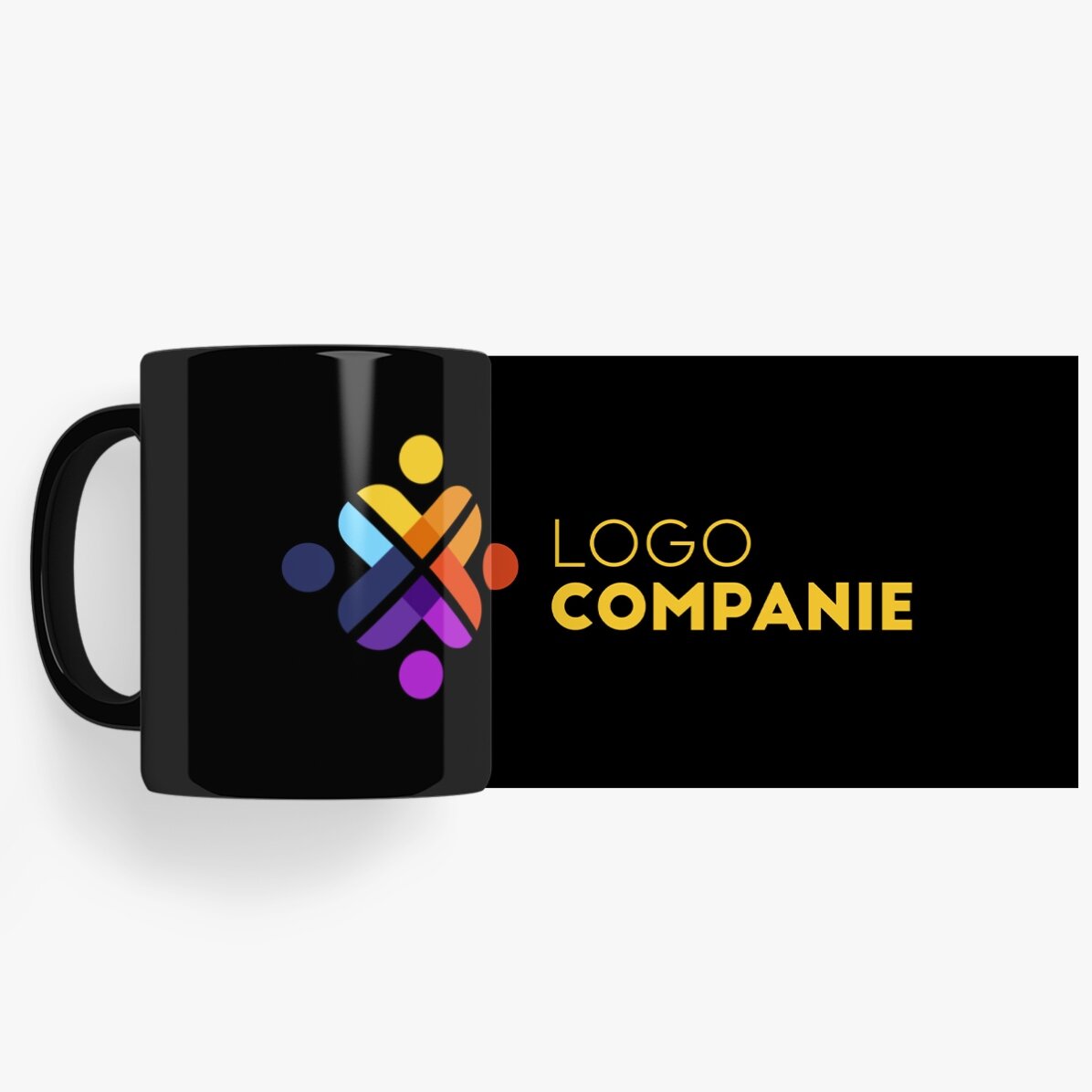 Personalisierte Tasse mit Logo auf schwarzem Hintergrund