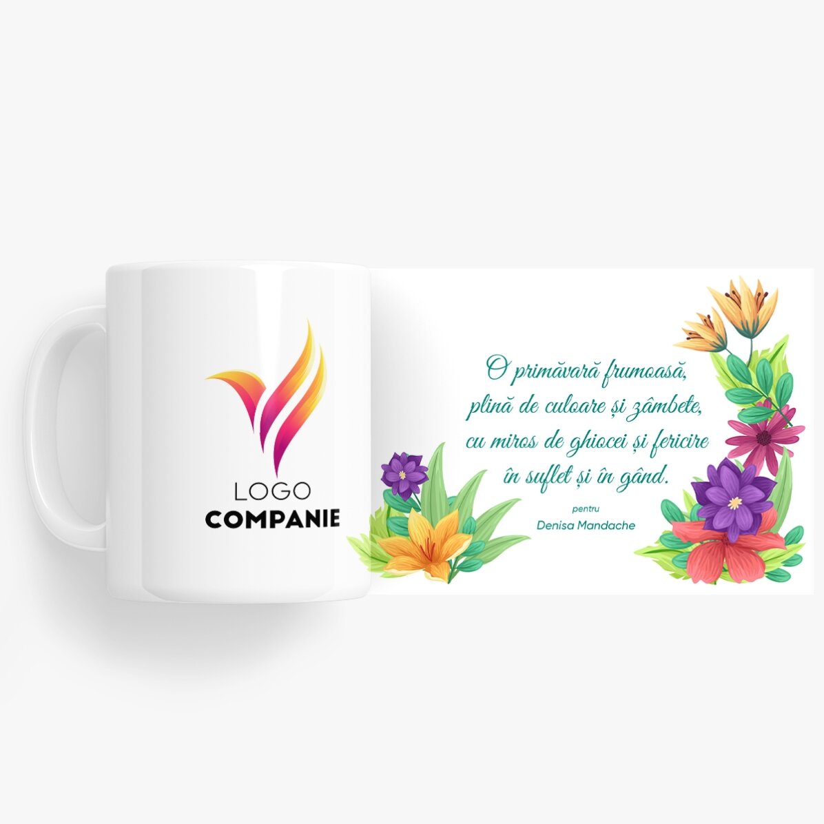 Personalisierter Becher mit Logo und Text – Frühlingsblumen