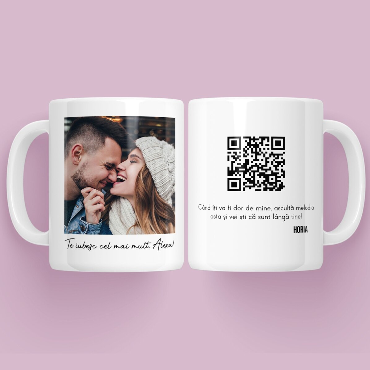 Personalisierte Tasse mit Foto, Botschaft und QR-Code