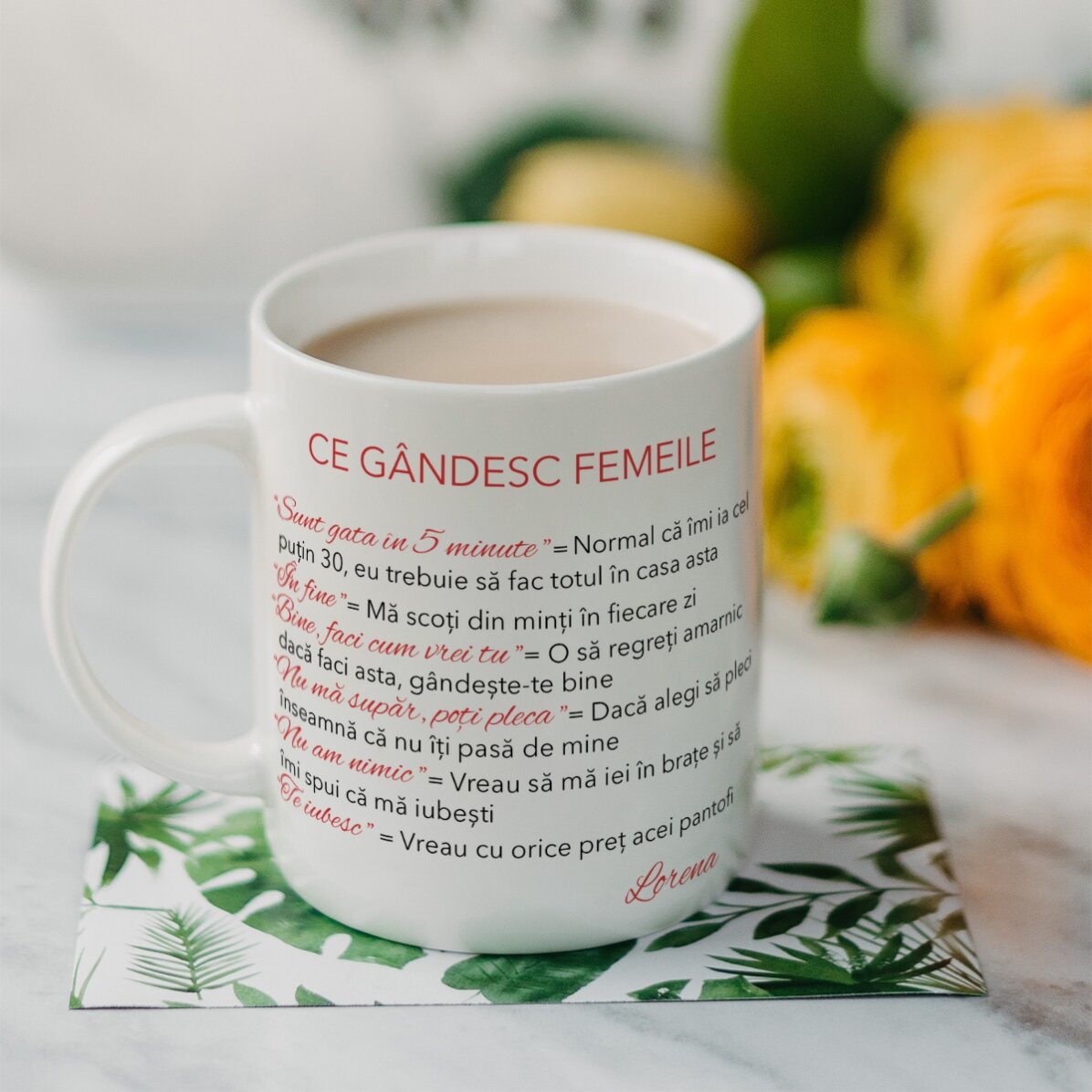 Personalisierte Tasse mit Text – Was Frauen denken