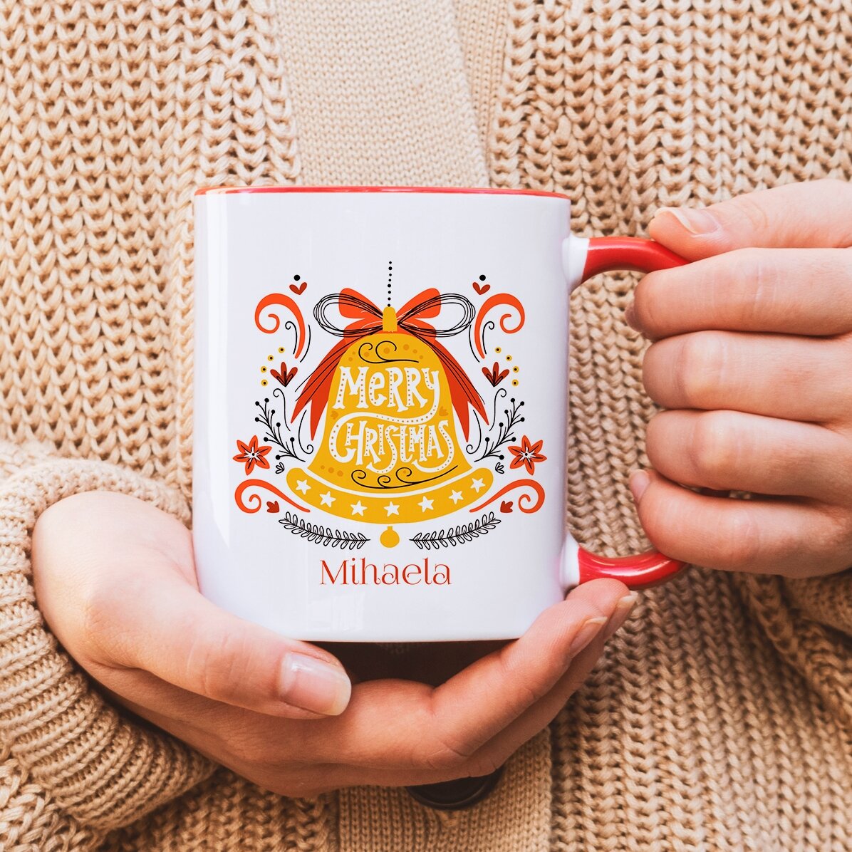Personalisierte Tasse mit Text – Glocke „Merry Christmas“