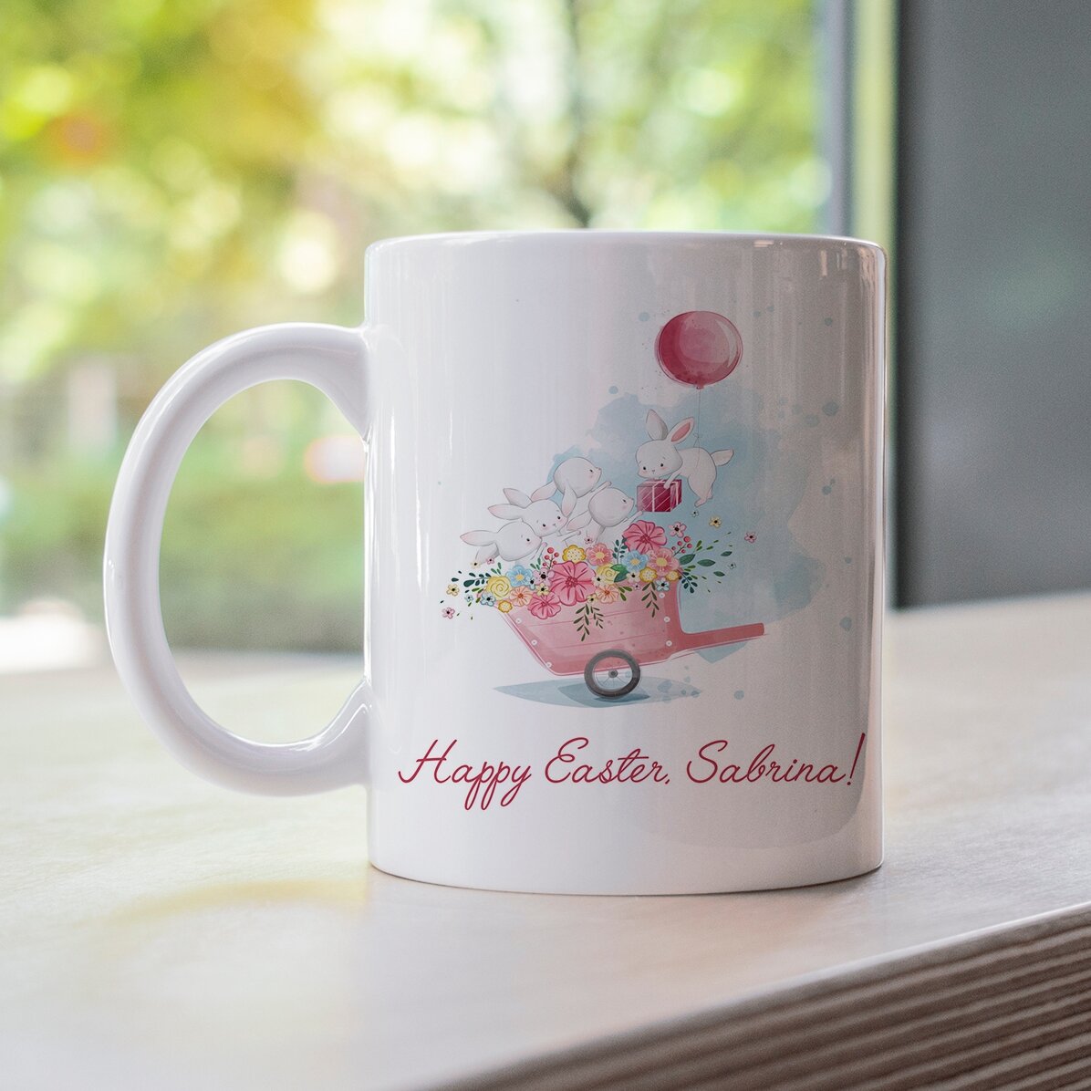 Personalisierte Tasse mit Text – Fröhliche Häschen