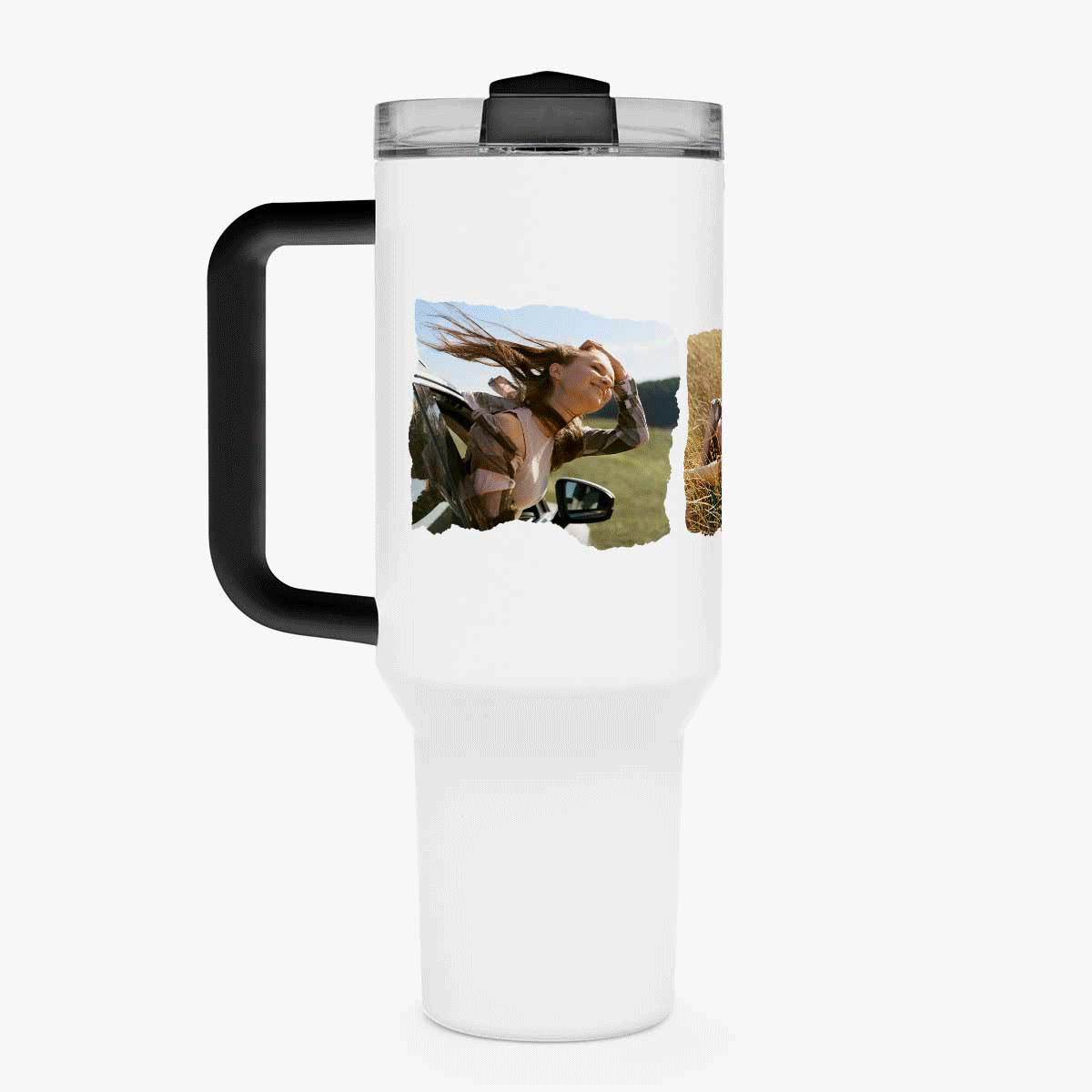 Thermosbecher mit Henkel und Strohhalm, individuell gestaltet mit 3 Fotos und einem Text – Experienc