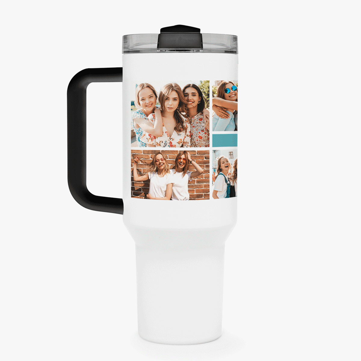 Thermosflasche mit Henkel und Strohhalm, individuell gestaltet mit einer Fotocollage und einer Botsc