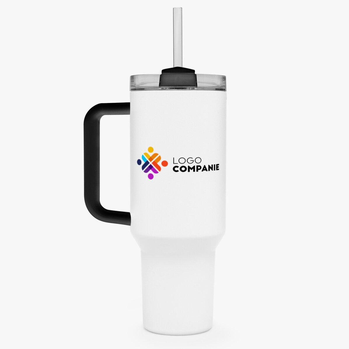 Thermosbecher mit Henkel und Strohhalm, individuell gestaltet mit Logo und Namen