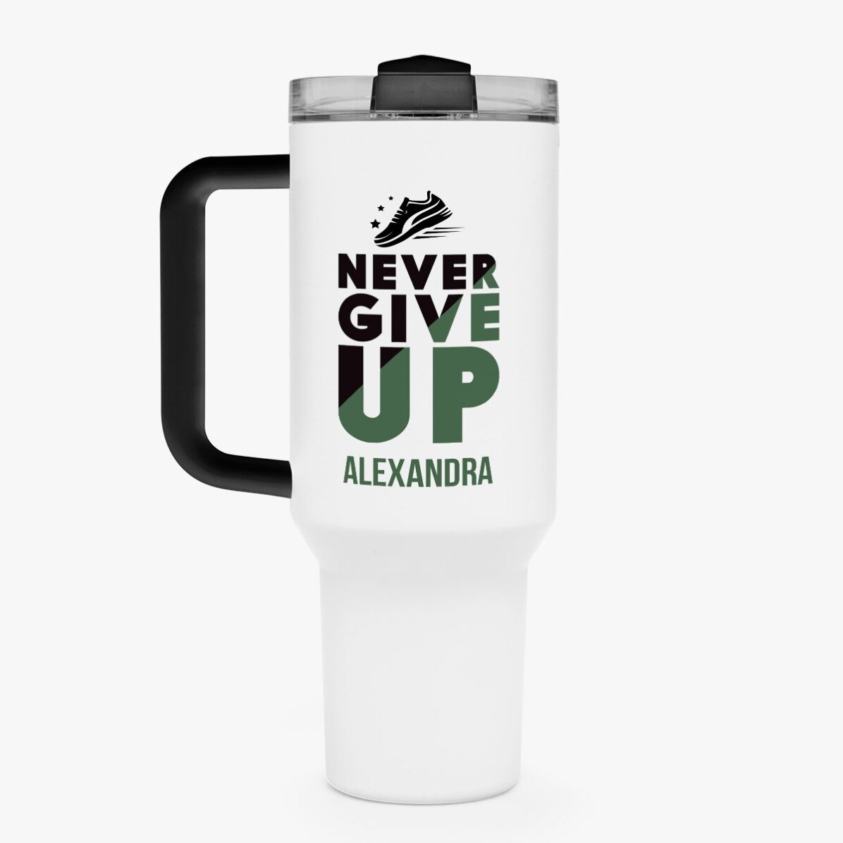 Thermosflasche mit Henkel und Strohhalm, personalisiert mit Namen – Never give up