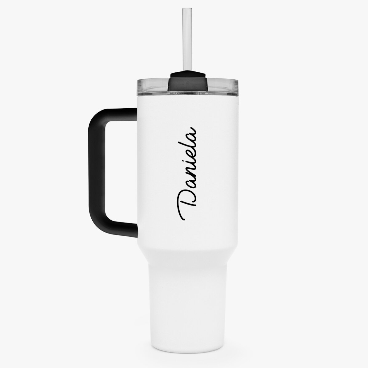 Thermosbecher mit Griff und Strohhalm, individuell mit Namen bedruckt