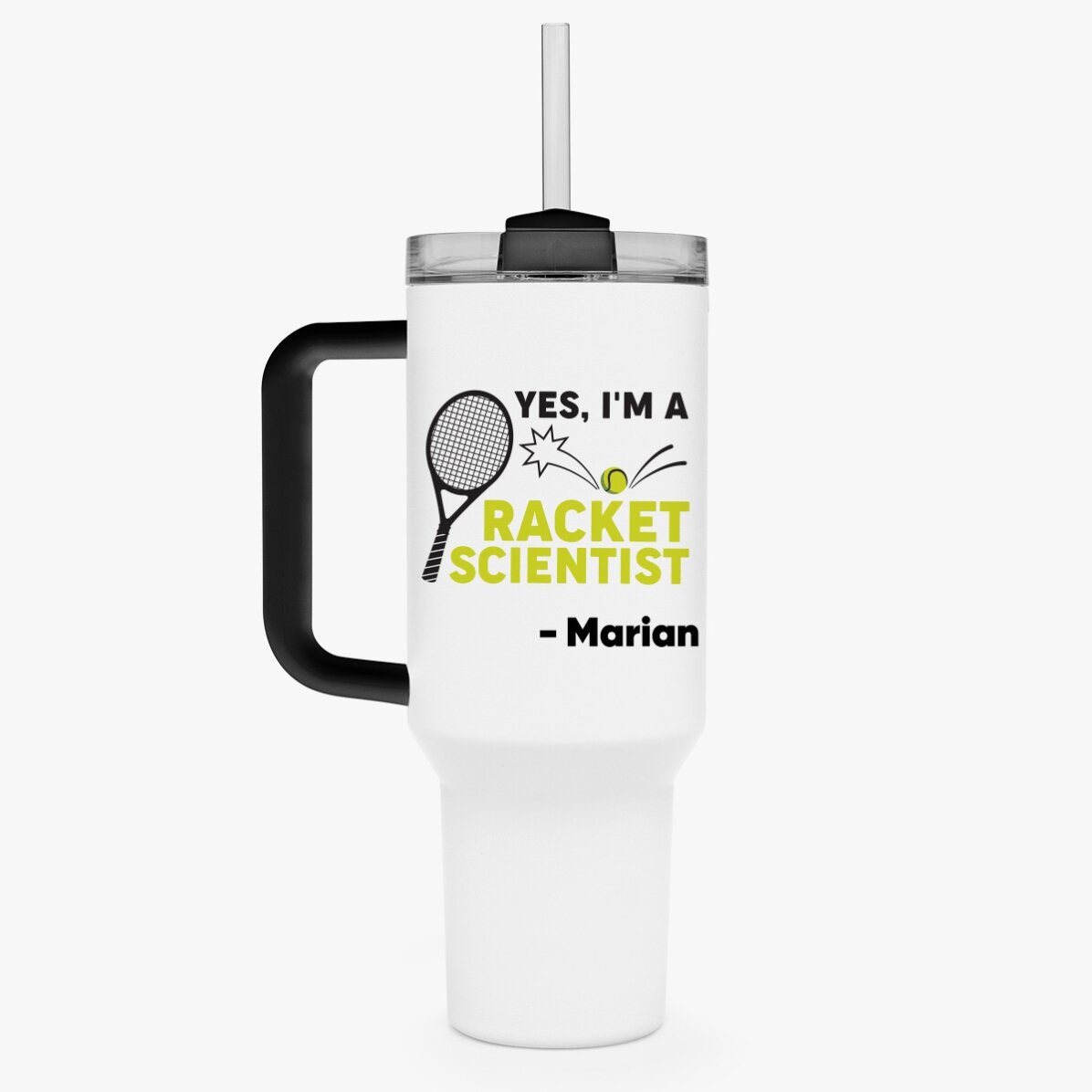 Thermosbecher mit Griff und Strohhalm, individuell mit Text bedruckt – Racket Scientist