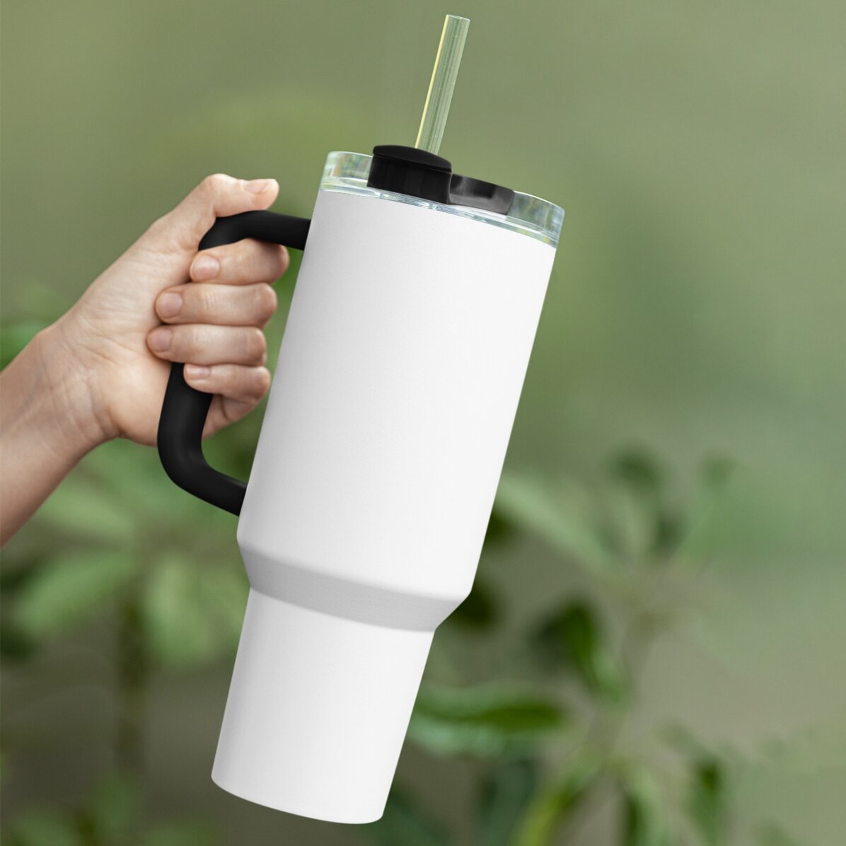 Thermosbecher mit Griff und Strohhalm, individuell mit Logo bedruckt