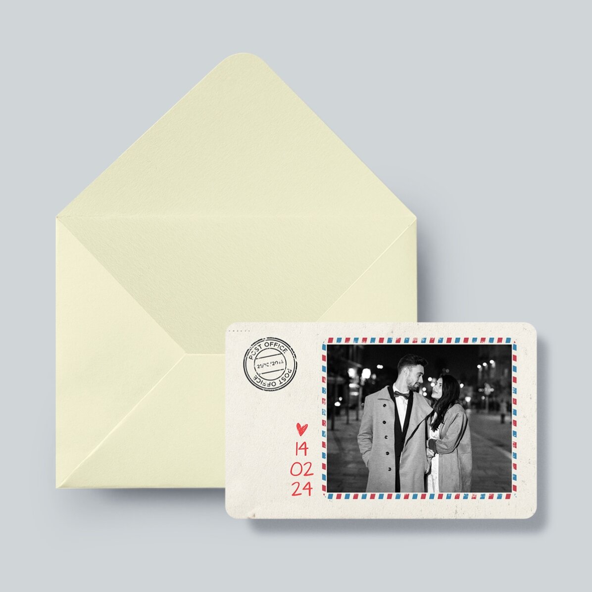 Individuell gestaltete Aluminiumkarte (Vorder- und Rückseite) mit Text und zwei Fotos – Postkarte