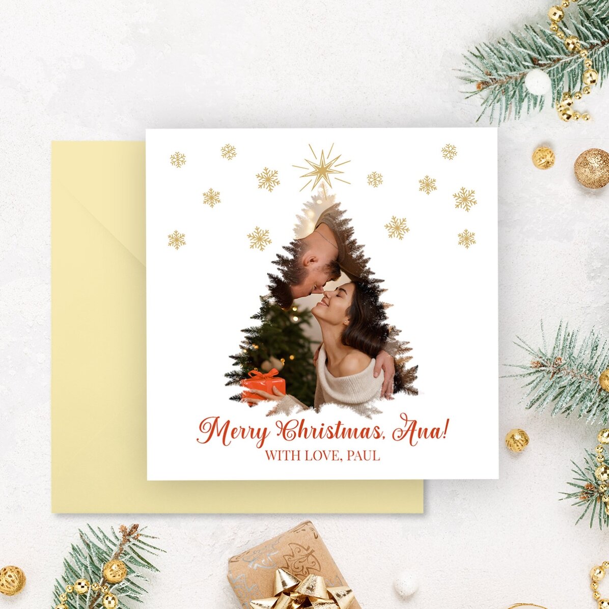 Individuell gestaltete quadratische Karte mit Foto und Grußtext – Frohe Weihnachten!