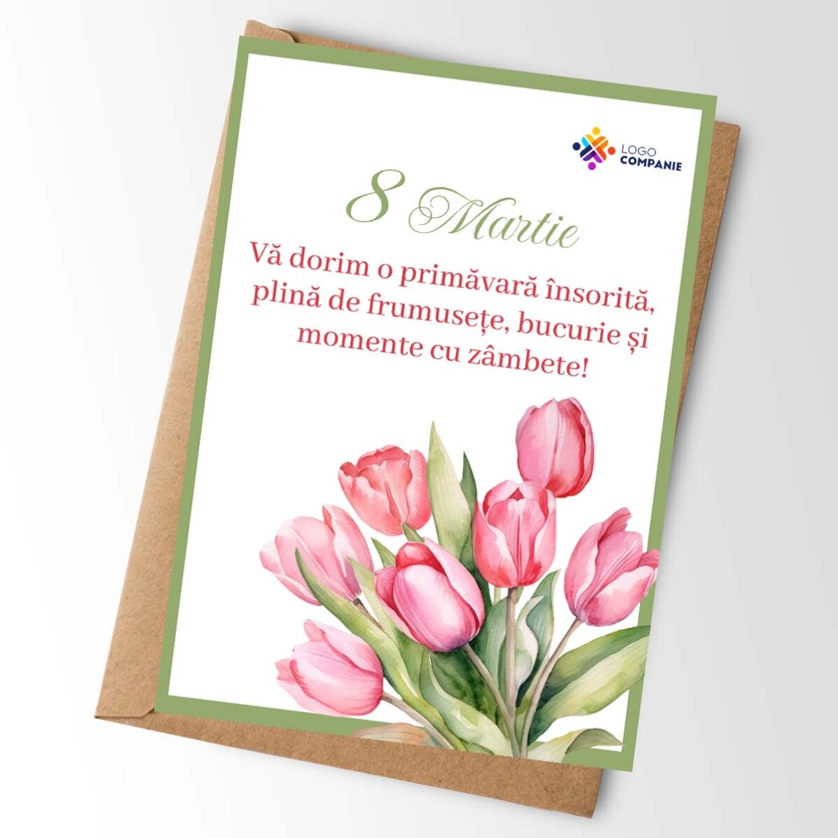 Personalisierte Karte mit Botschaft und Logo – Blumen