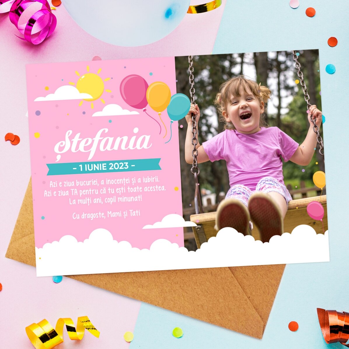 Individuell gestaltete Karte mit Grußtext und Foto zum Kindertag