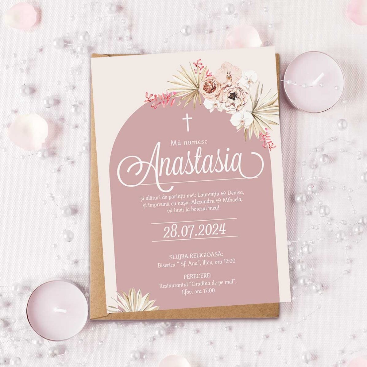 Individuell gestaltete Karte mit Text – Einladung zur Taufe – Pink Elegance