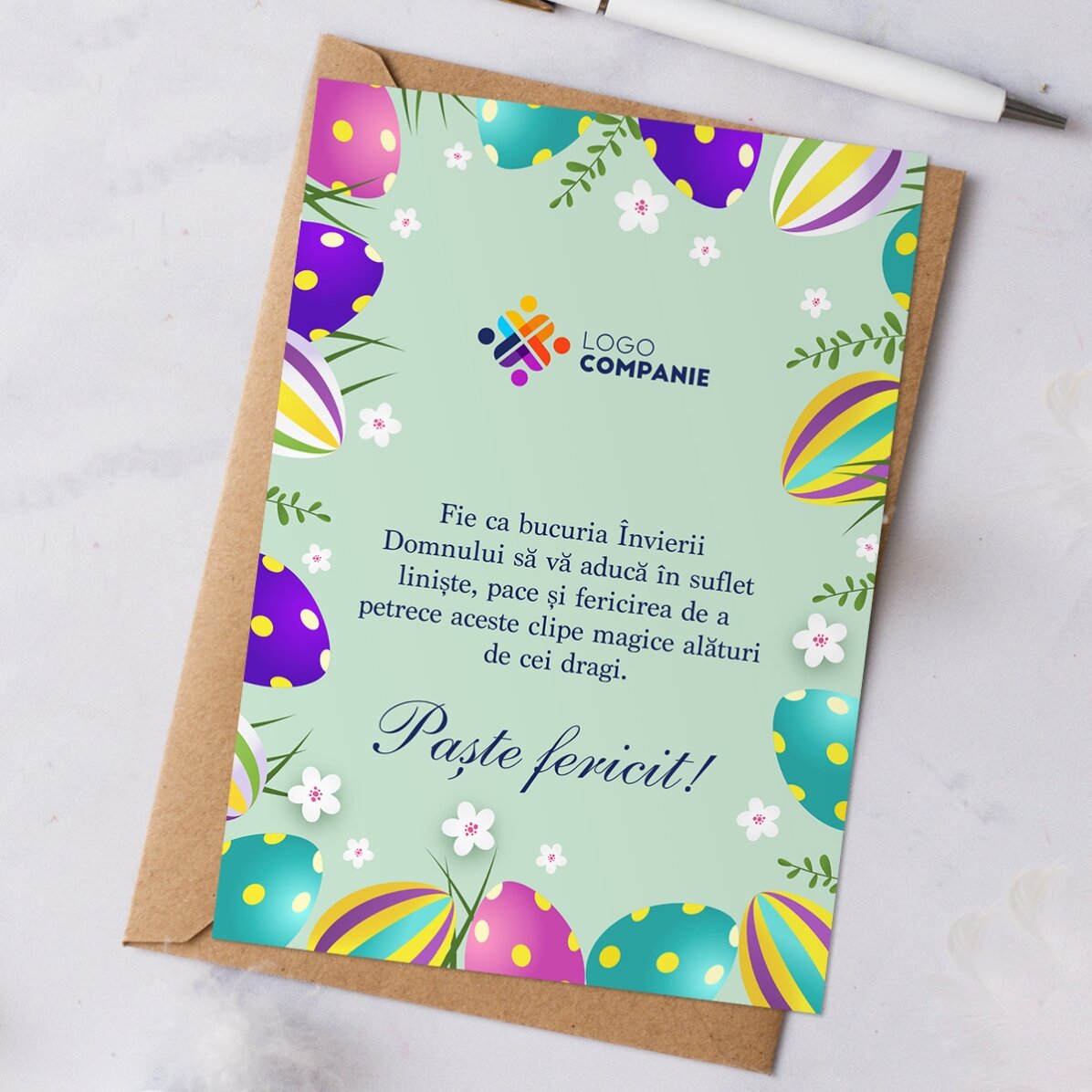 Individuell gestaltete Karte mit Text und Logo – Frohe Ostern