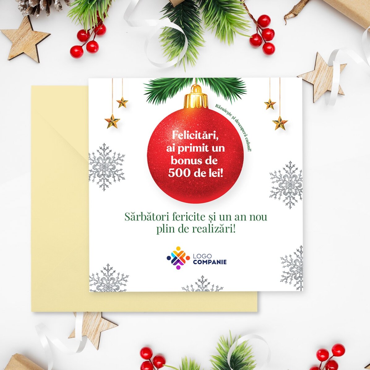 Individuell gestaltete Rubbelkarte mit Logo und Botschaft – Weihnachtsüberraschung