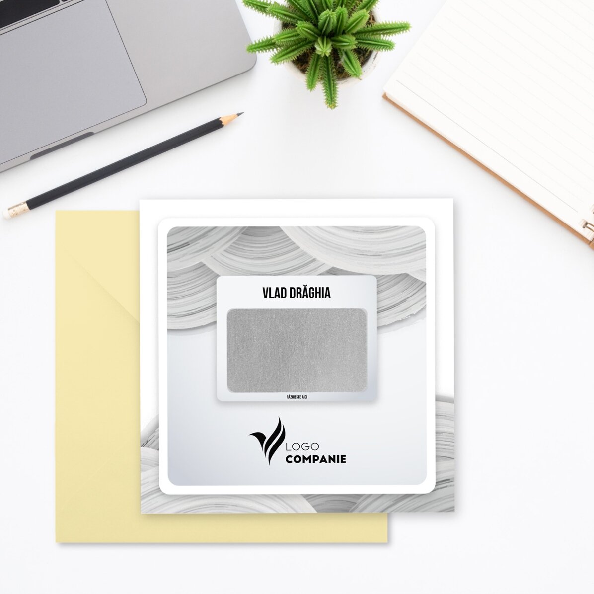Individuell gestaltete Rubbelkarte mit Logo und Text – White Welcome