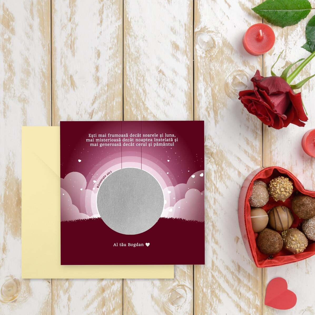 Individuell gestaltete Rubbelkarte mit Botschaft – Nachtlandschaft zum Valentinstag