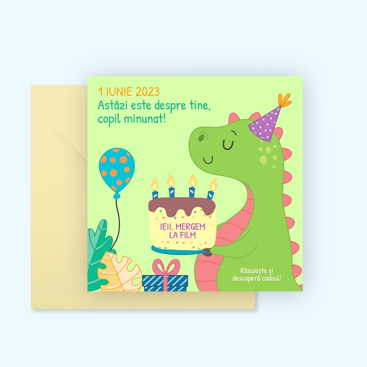 Personalisierte Rubbelkarte mit Botschaft für Kinder – Dino