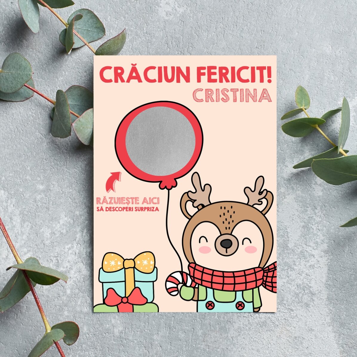Individuell gestaltete Weihnachts-Rubbelkarte – Rentier mit Luftballon