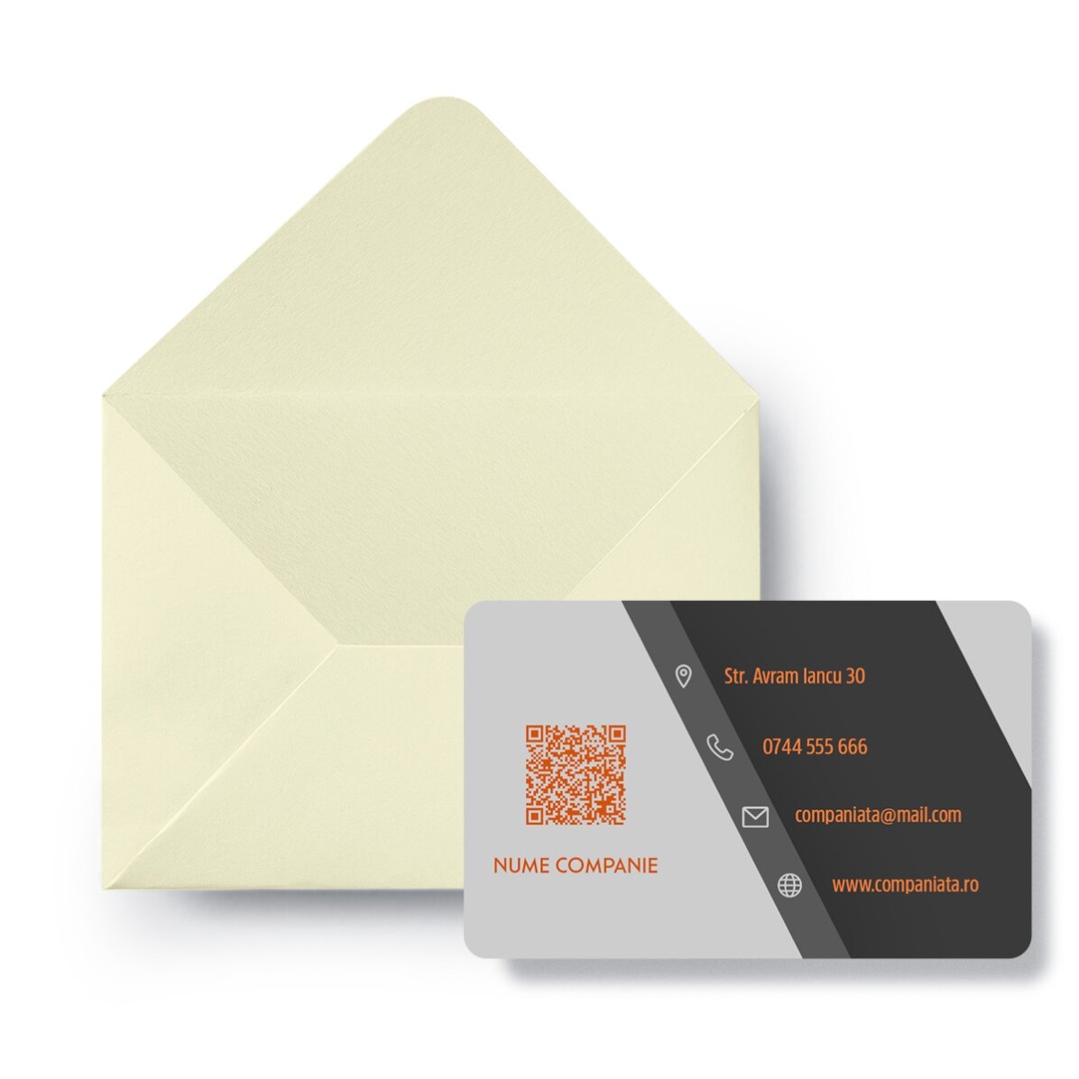 Individuell gestaltete Aluminium-Visitenkarte (Vorder- und Rückseite) mit Logo, QR-Code und Text