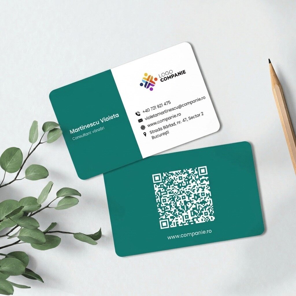 Personalisierte Visitenkarte aus Aluminium, Design mit farbigem Streifen, Logo und QR-Code
