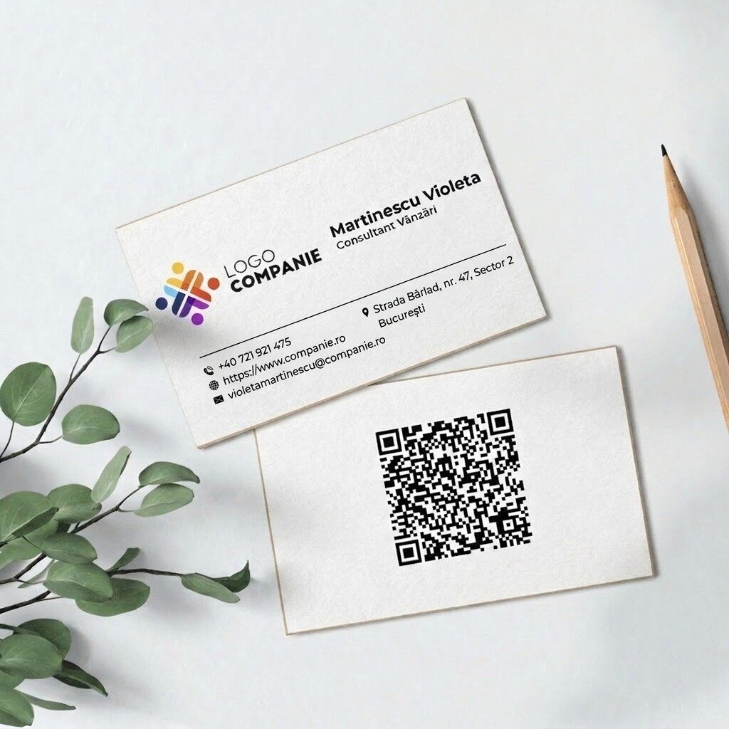 Individuell gestaltete, beidseitig bedruckte Visitenkarten aus Papier mit QR-Code und Kontaktdaten