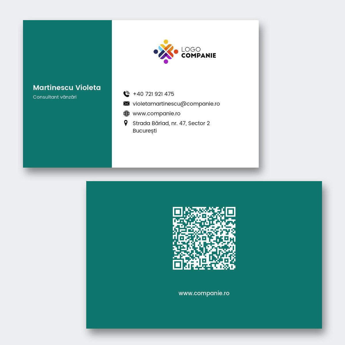 Individuell gestaltete Visitenkarten aus Papier, Design mit farbigem Streifen, Logo und QR-Code