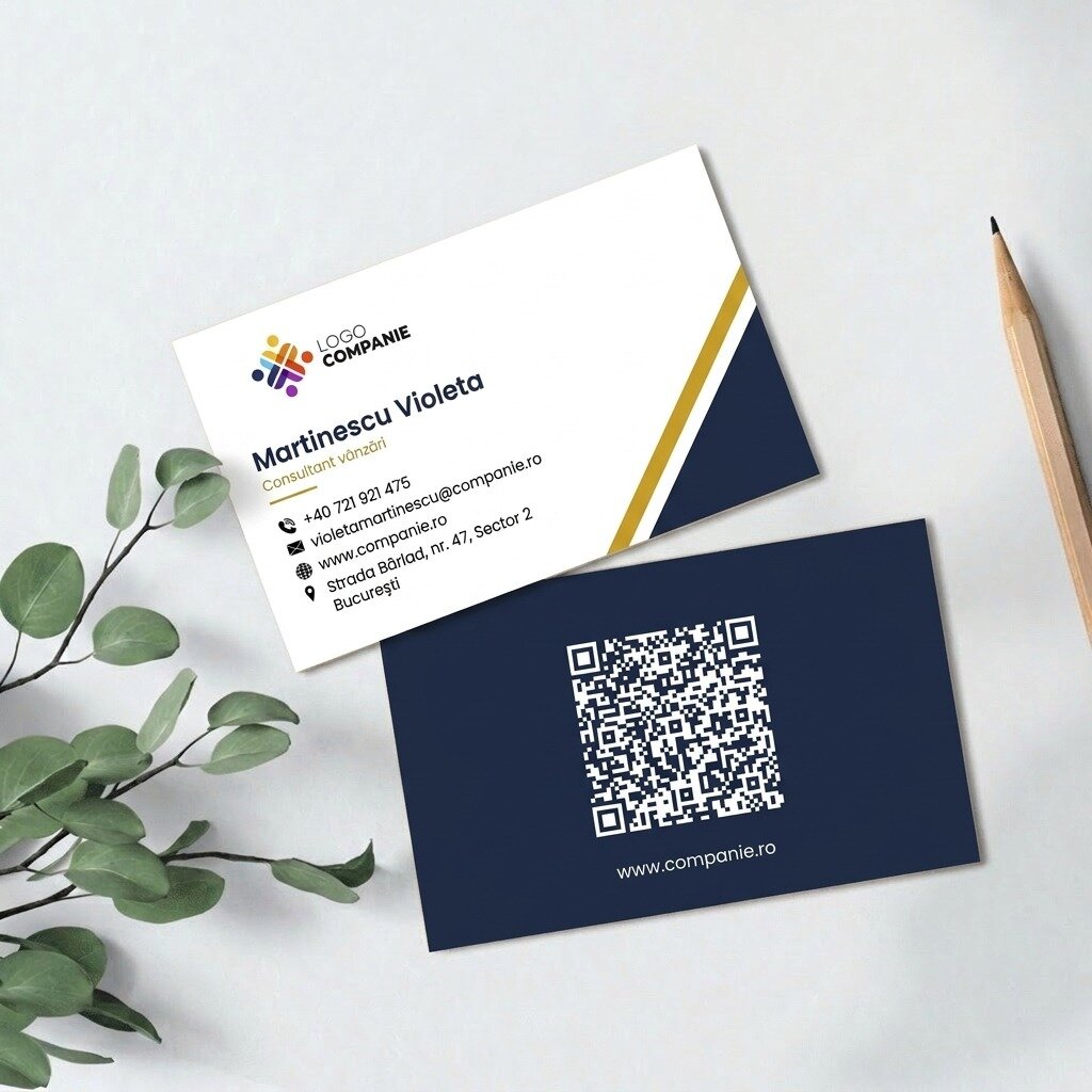 Individuell gestaltete Visitenkarten aus Papier, geometrisches Design, Logo und QR-Code