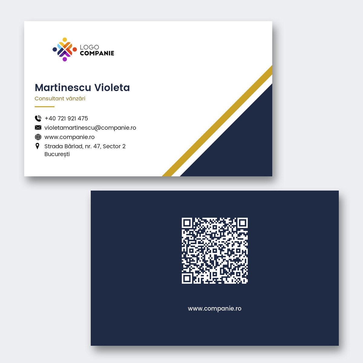 Individuell gestaltete Visitenkarten aus Papier, geometrisches Design, Logo und QR-Code