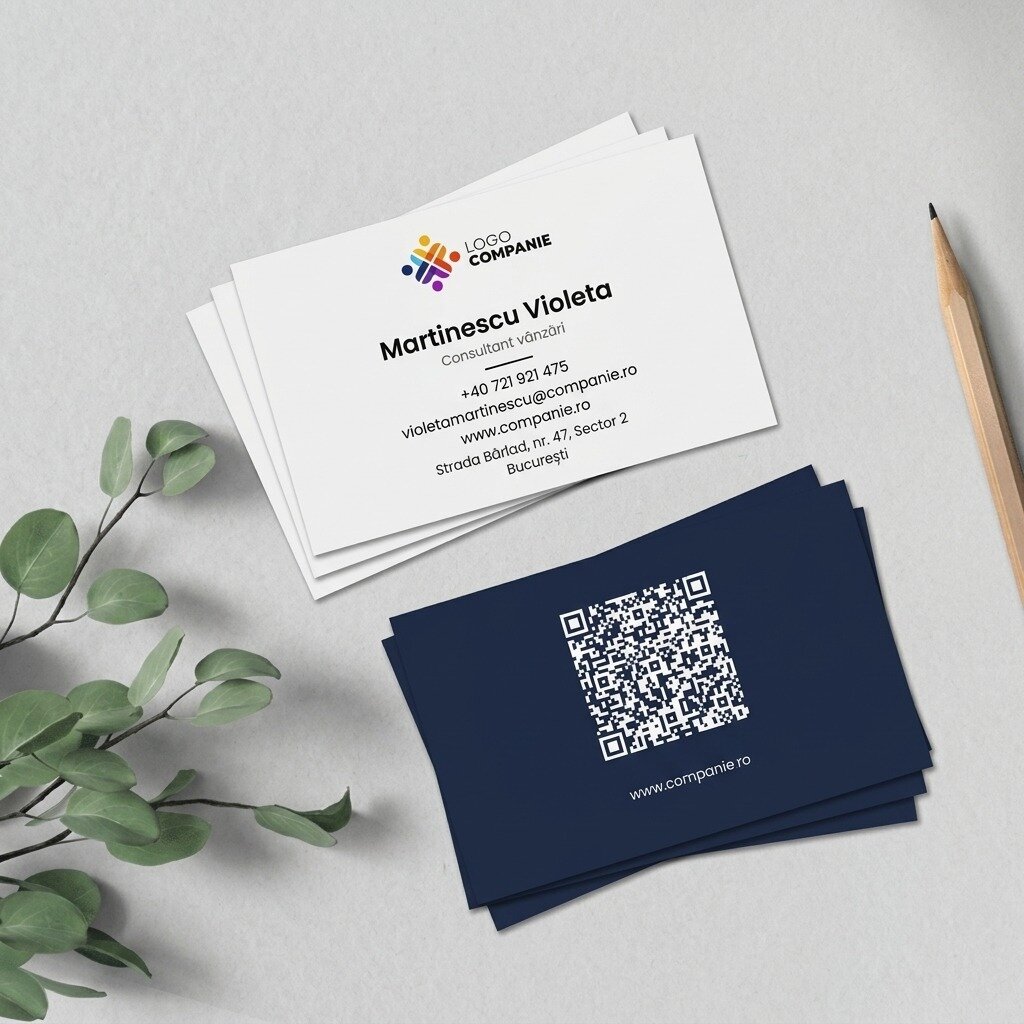 Individuell gestaltete Visitenkarten aus Papier, minimalistisches Design, Logo und QR-Code