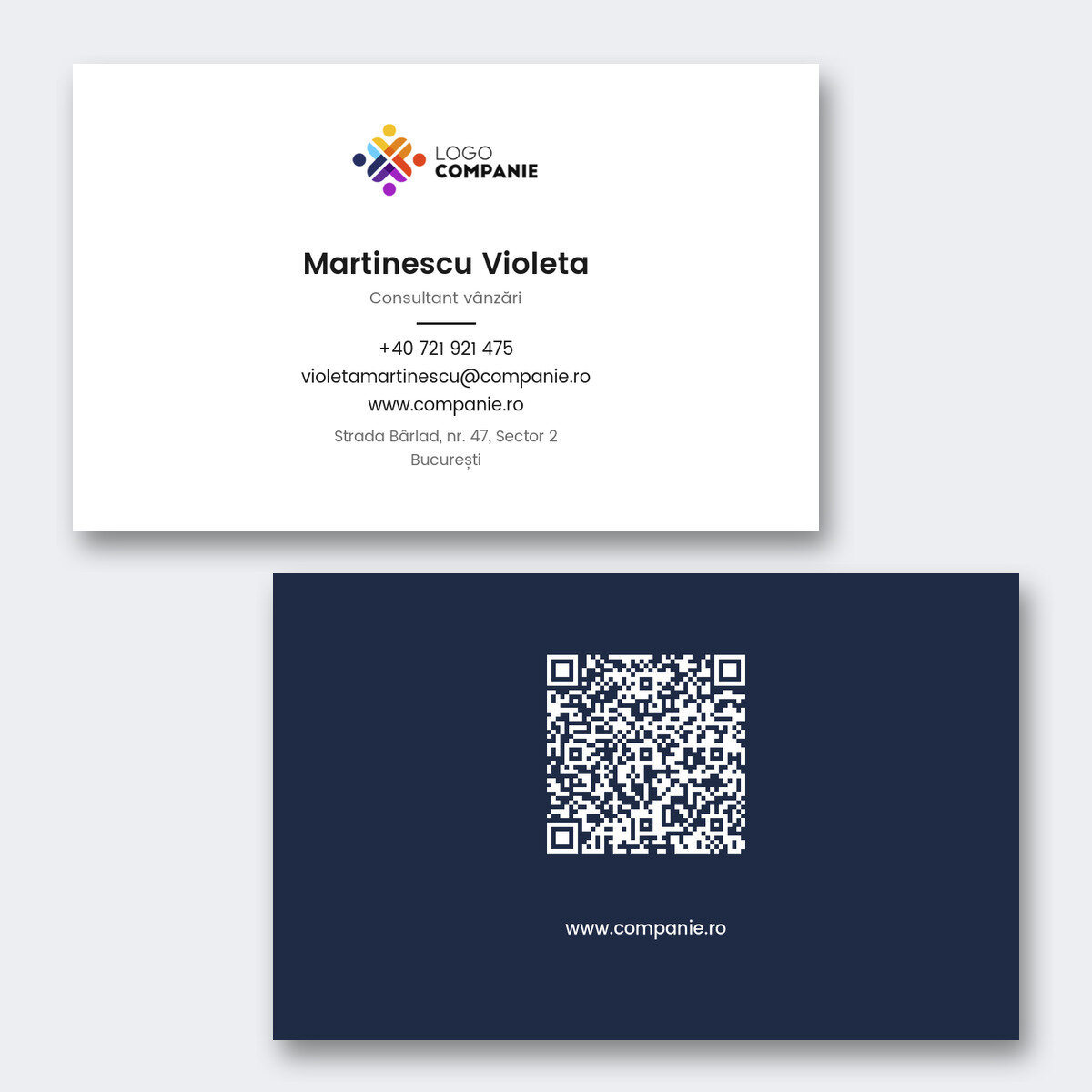 Individuell gestaltete Visitenkarten aus Papier, minimalistisches Design, Logo und QR-Code