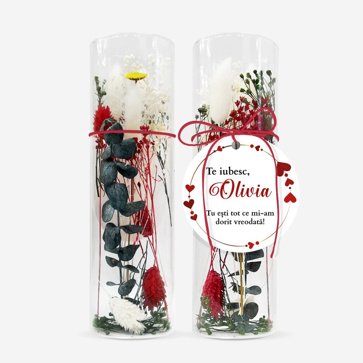 Glasornament mit konservierten Blumen, individuell mit dem Text „Ich liebe dich“ versehen