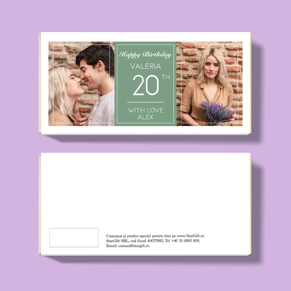 Personalisierte Schokolade mit zwei Fotos und Text – Geburtstag