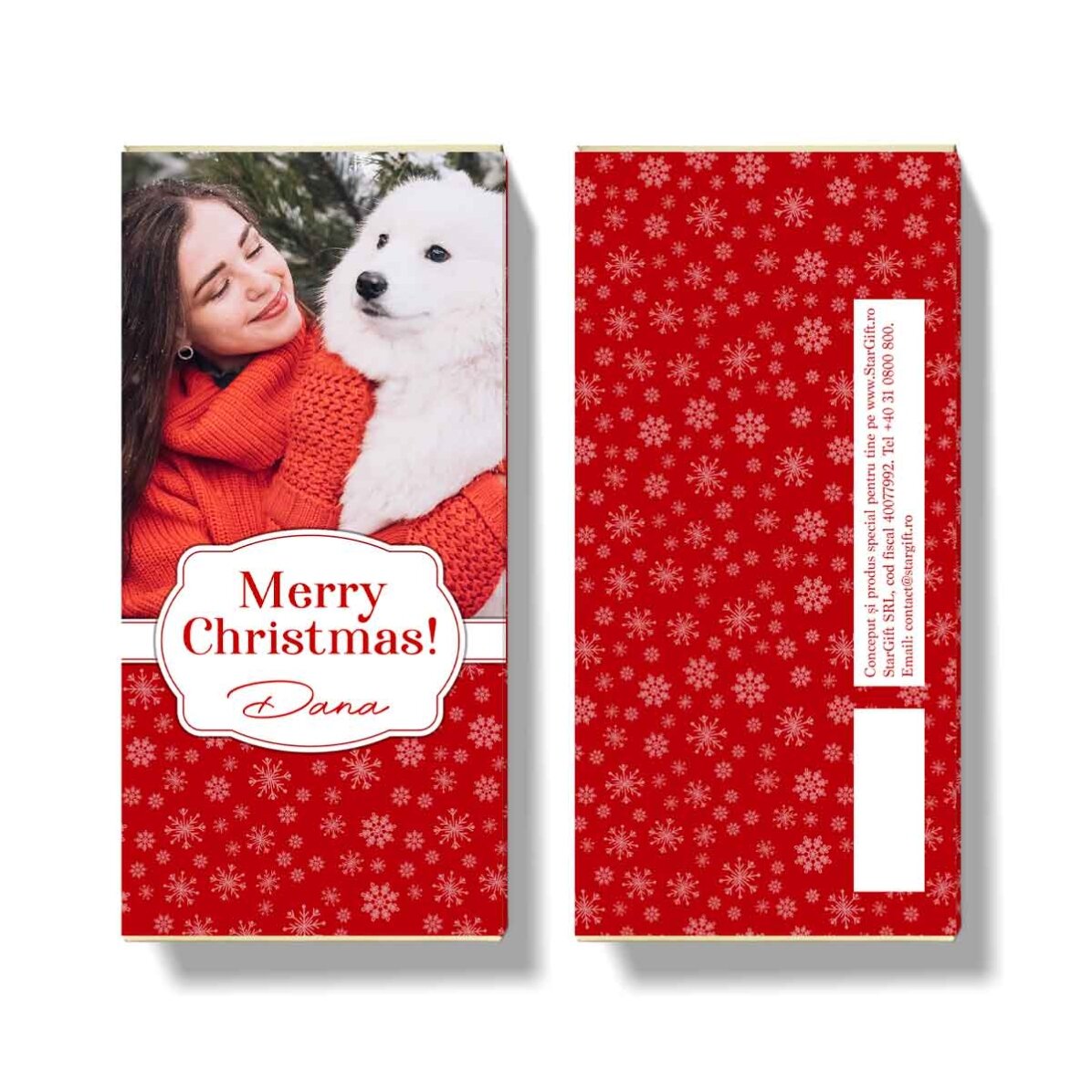 Personalisierte Schokolade mit einem Foto und einer Weihnachtsbotschaft – Schneeflocken