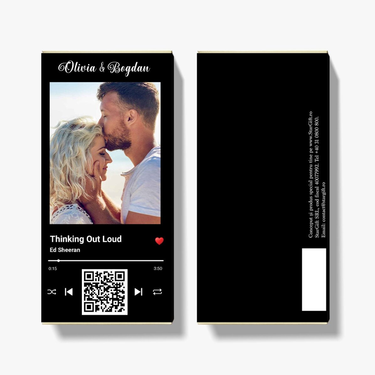 Personalisierte Schokolade mit Foto, Text und QR-Code – Unser Lied