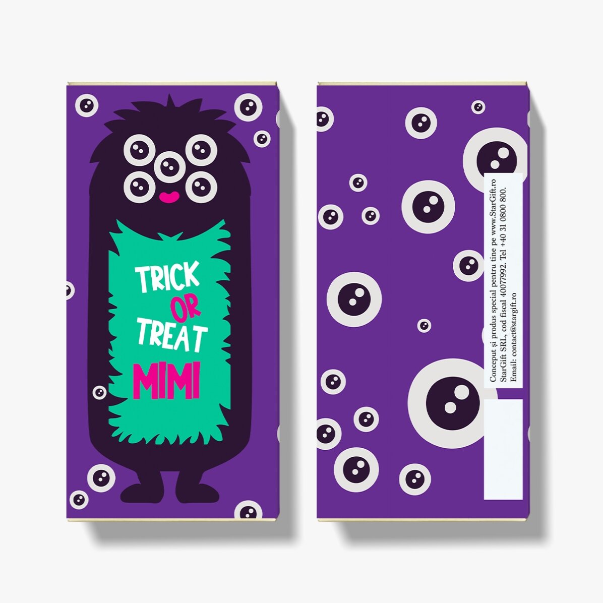 Personalisierte Schokolade mit Text für Halloween – Monster-Motiv