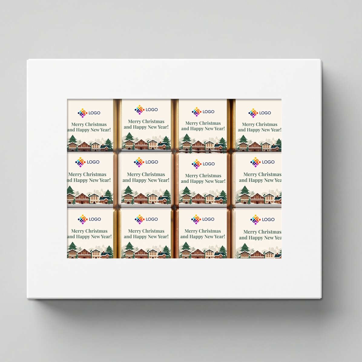 Geschenkbox mit 12 personalisierten Mini-Pralinen mit Logo und Weihnachtsbotschaften