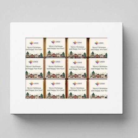 Geschenkbox mit 12 personalisierten Mini-Pralinen mit Logo und Weihnachtsbotschaften