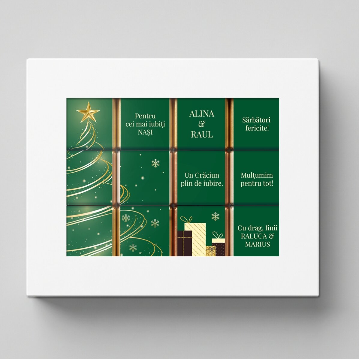 Geschenkbox mit 12 personalisierten Mini-Pralinen mit Botschaften – Weihnachtsbaum