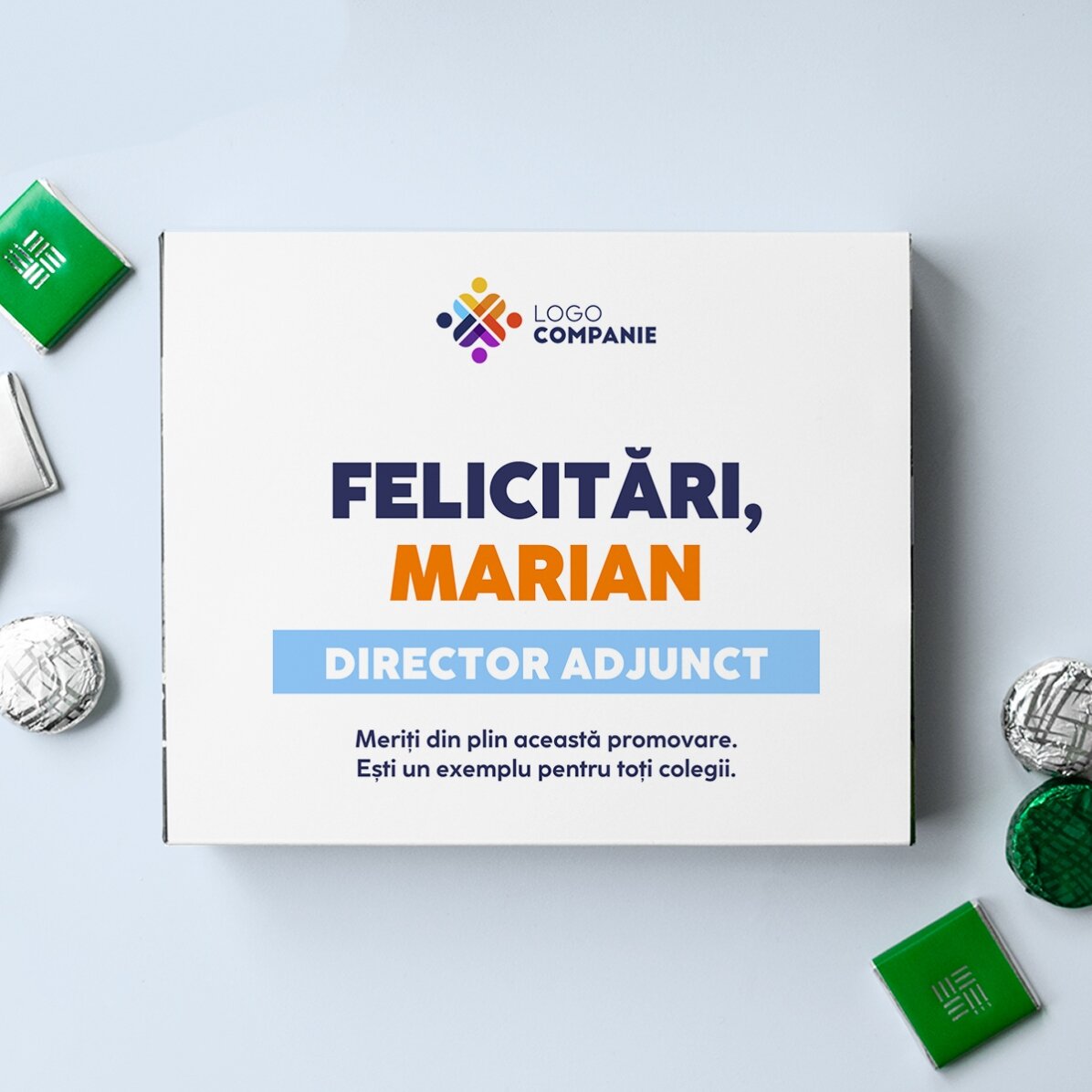 Personalisierte Pralinenschachtel mit Botschaft und Logo für Mitarbeiter
