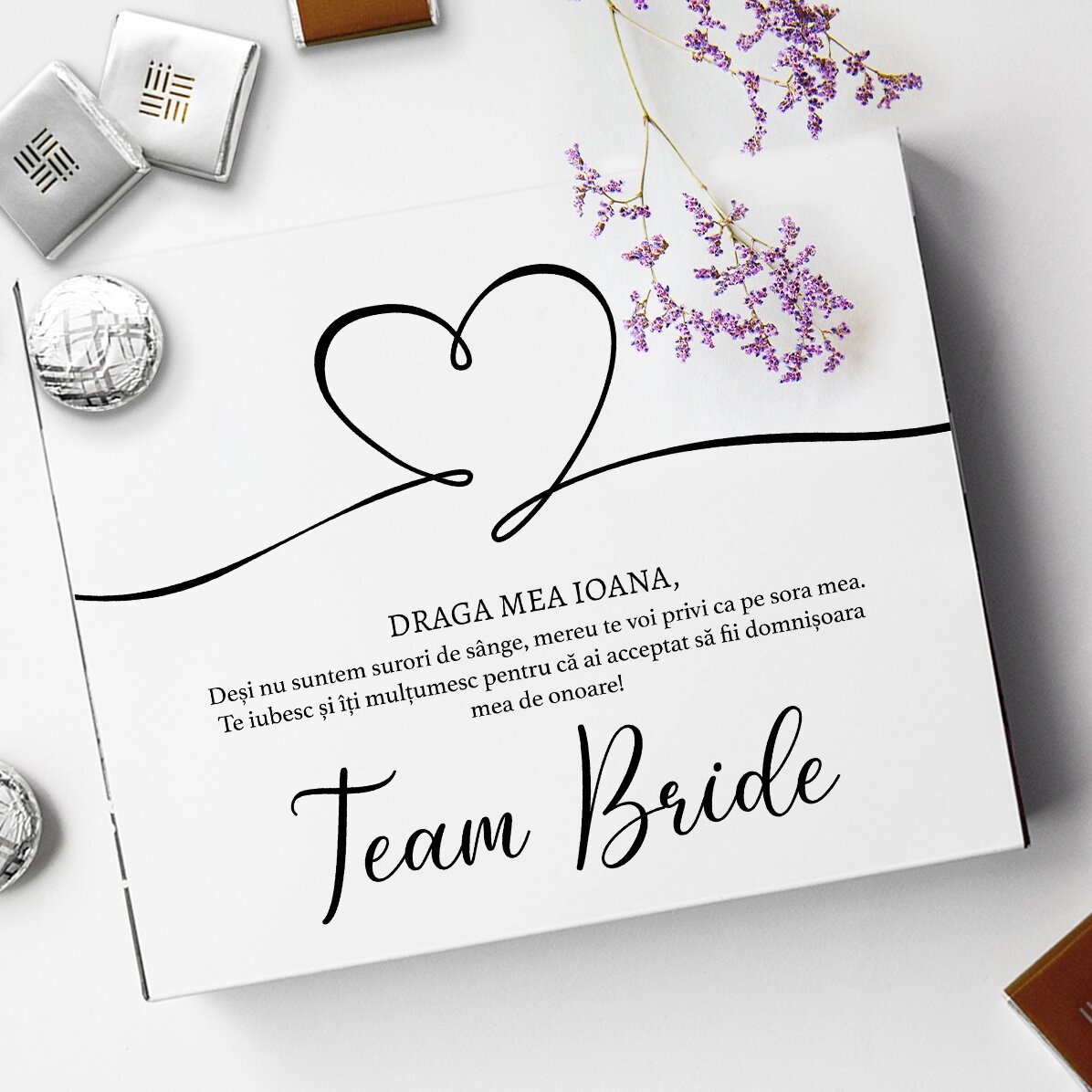 Personalisierte Pralinenschachtel mit Botschaft – Team Bride